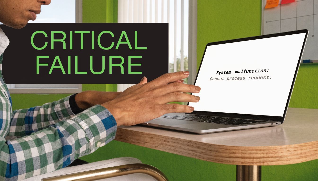 A person sitting at a desk with a laptop displaying a critical system failure error message.