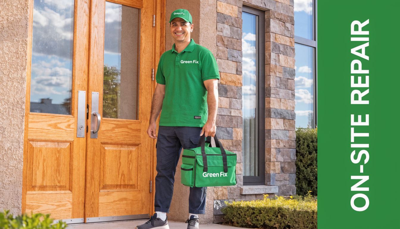 A professional technician wearing a Green Fix uniform holding a repair kit standing outside a home entrance.
