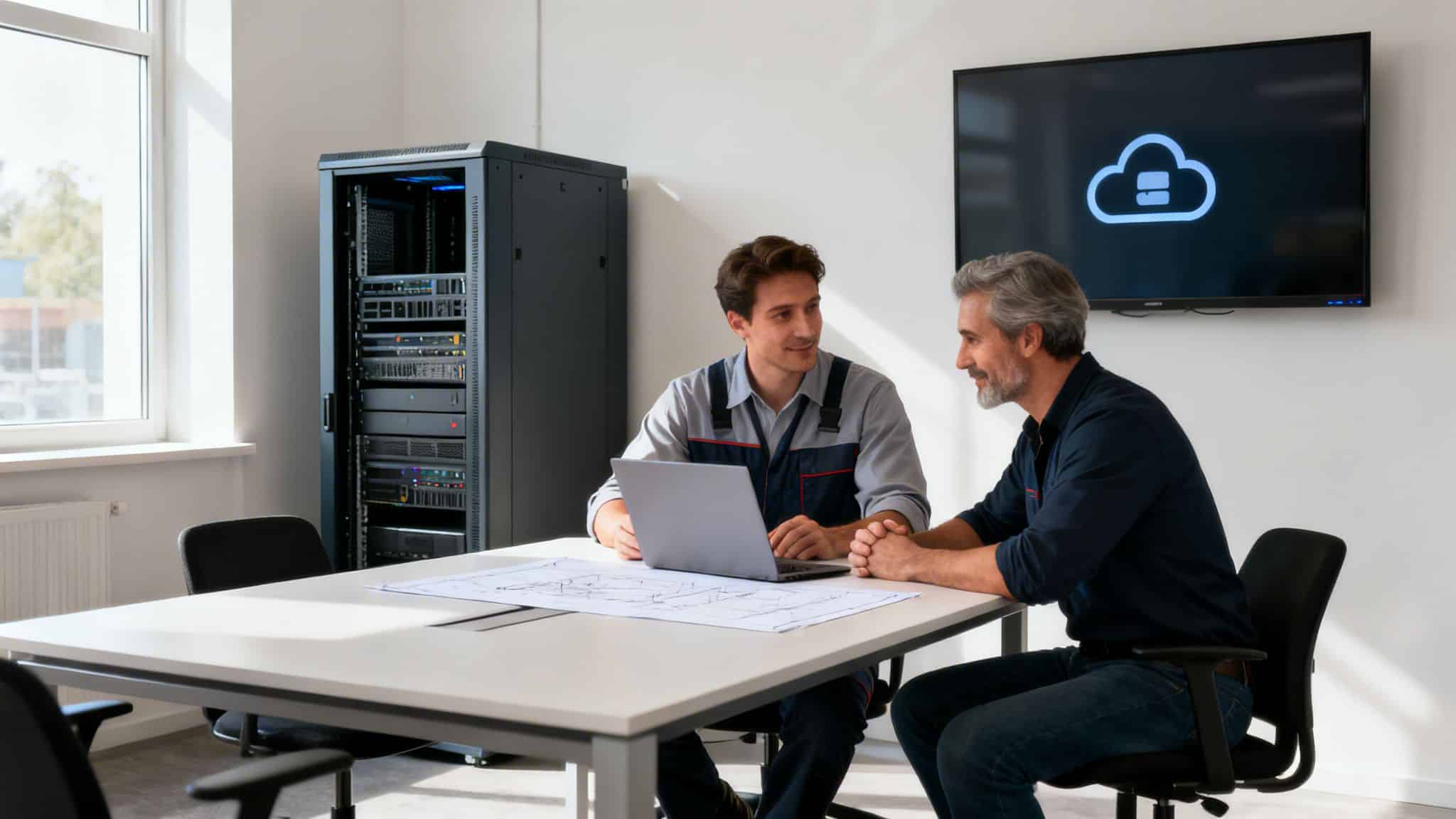 Two IT professionals discuss cloud services in a modern server room office setting.