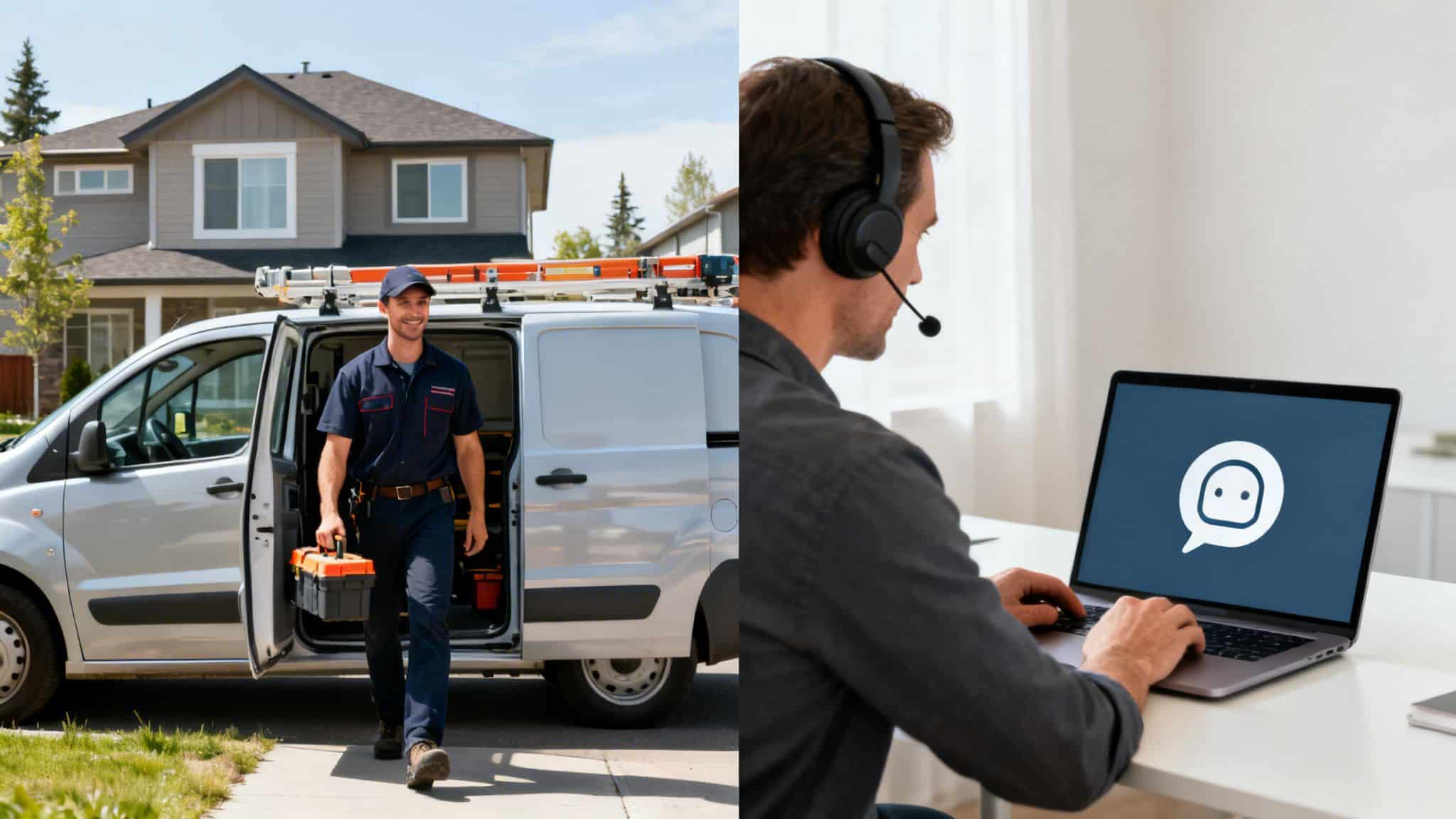 A technician with a toolbox exits a van, next to a man providing computer support using a chatbot.