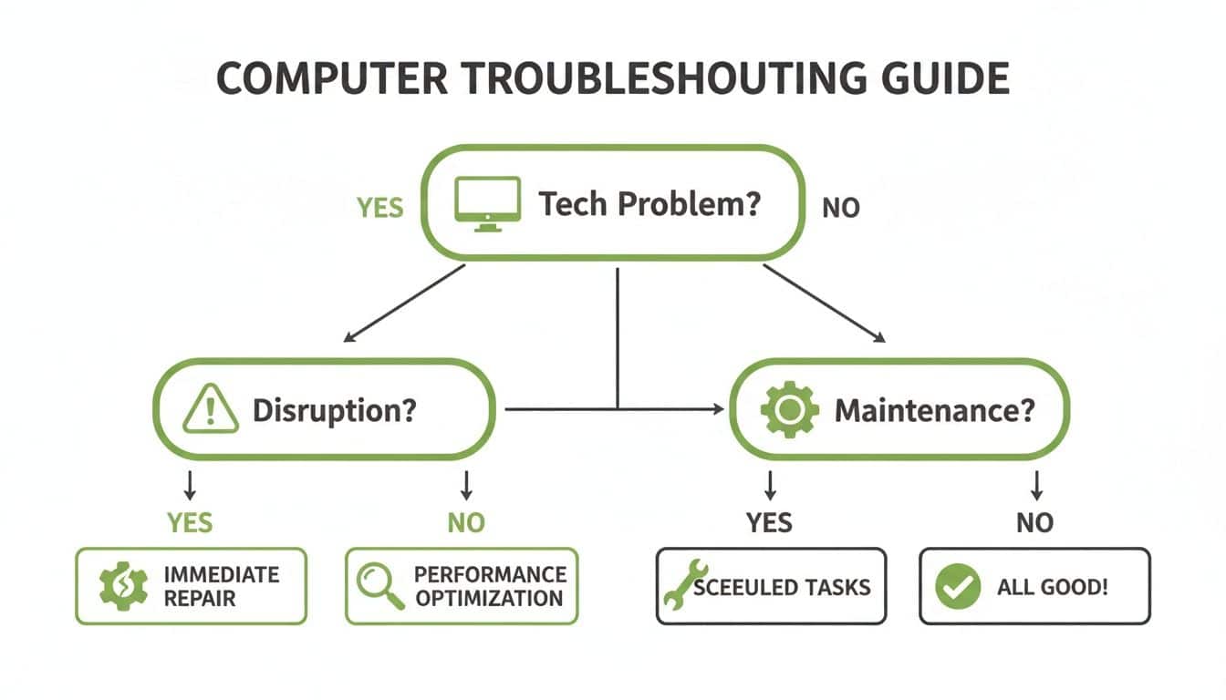 Flowchart for computer troubleshooting, guiding users through tech problems, repairs, maintenance, and optimization.