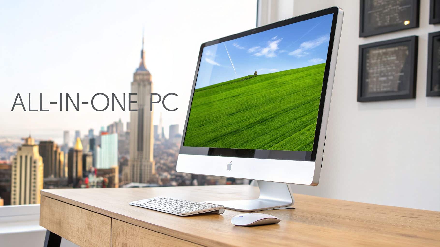 An Apple iMac, an all-in-one PC, sits on a wooden desk overlooking a city skyline.