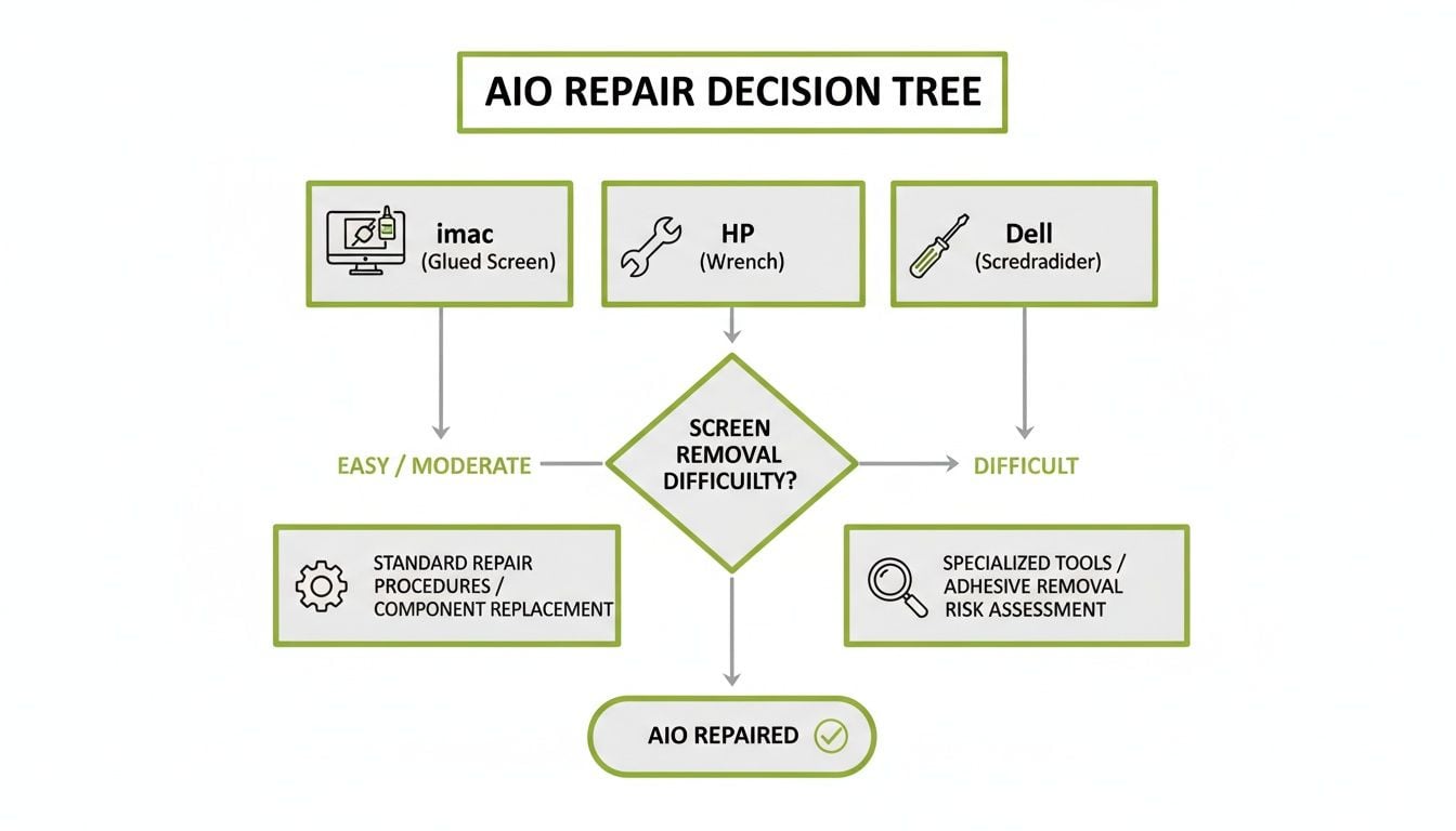 A decision tree flowchart for AIO repair, outlining steps based on computer brand and screen removal difficulty.