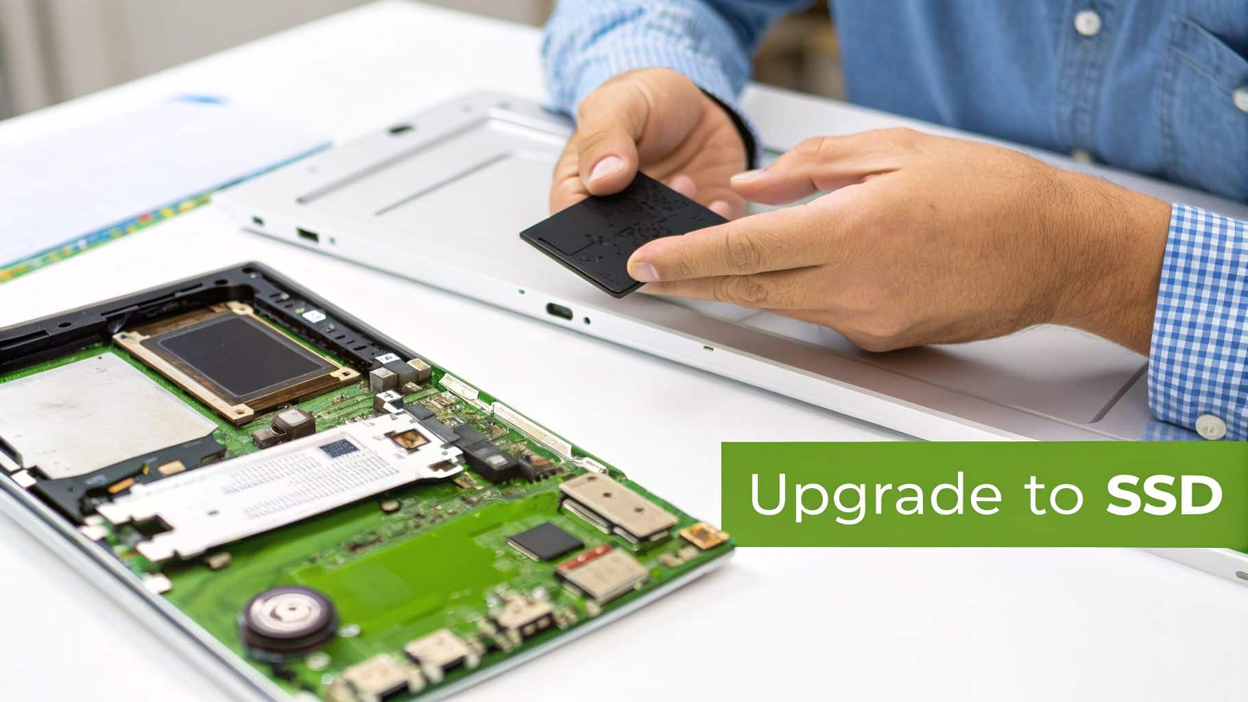 Person's hands holding a black SSD over an open laptop for a storage upgrade.