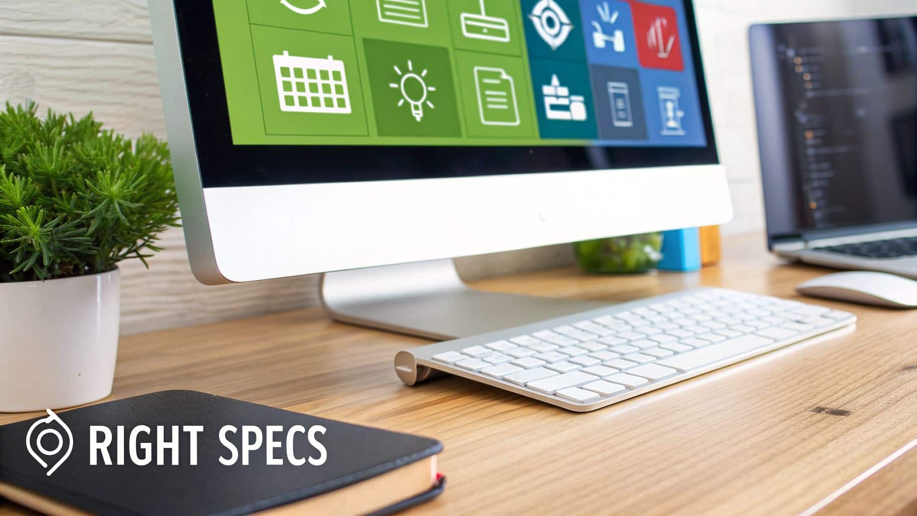A modern desktop computer with a wireless keyboard and mouse on a wooden desk, showing app icons.