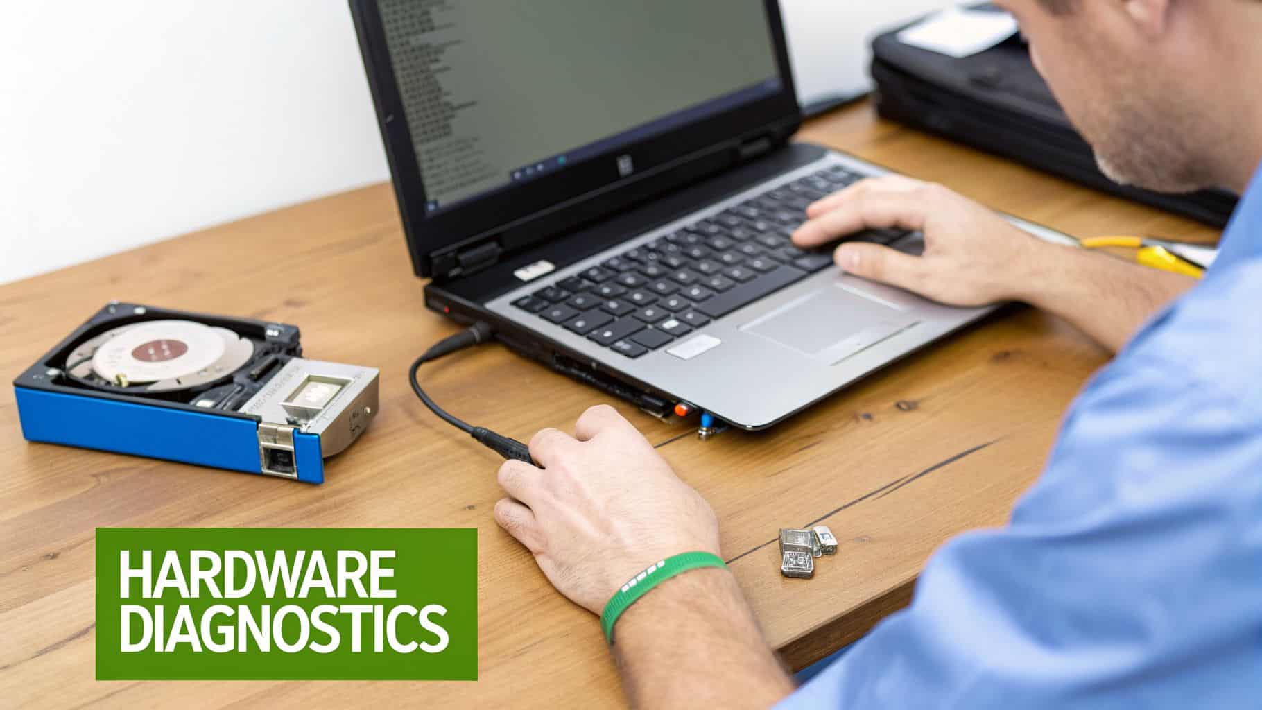 A person performing hardware diagnostics on a laptop with an opened hard drive for IT support.