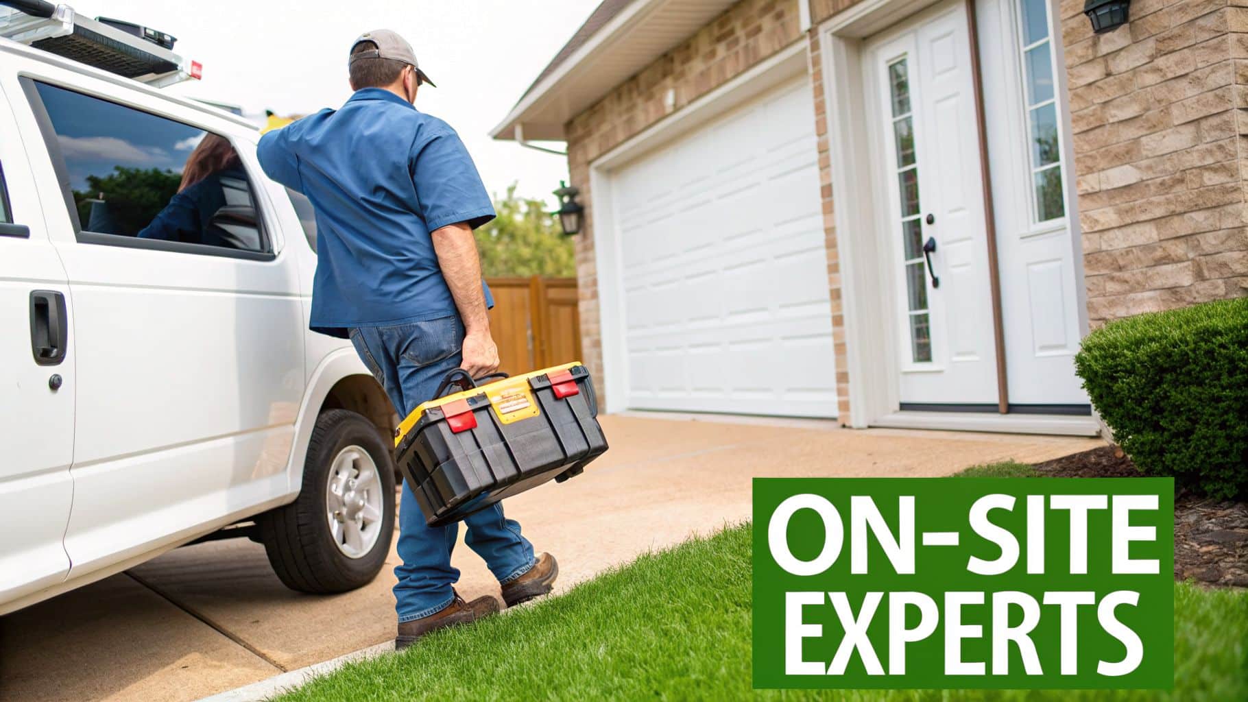 A service technician carrying a toolbox walks from a white van towards a house, ready for on-site support.