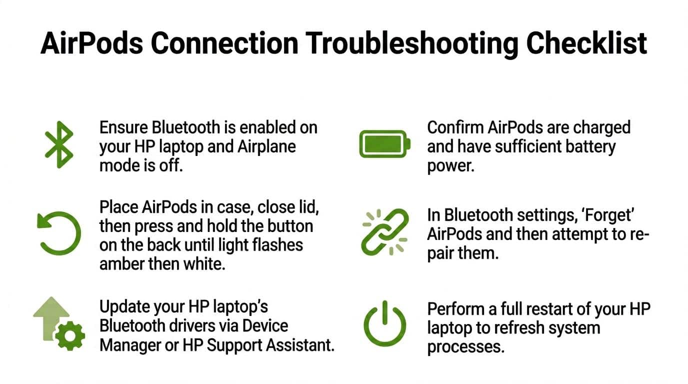 A troubleshooting checklist for connecting Apple AirPods to an HP laptop displayed on a white background.