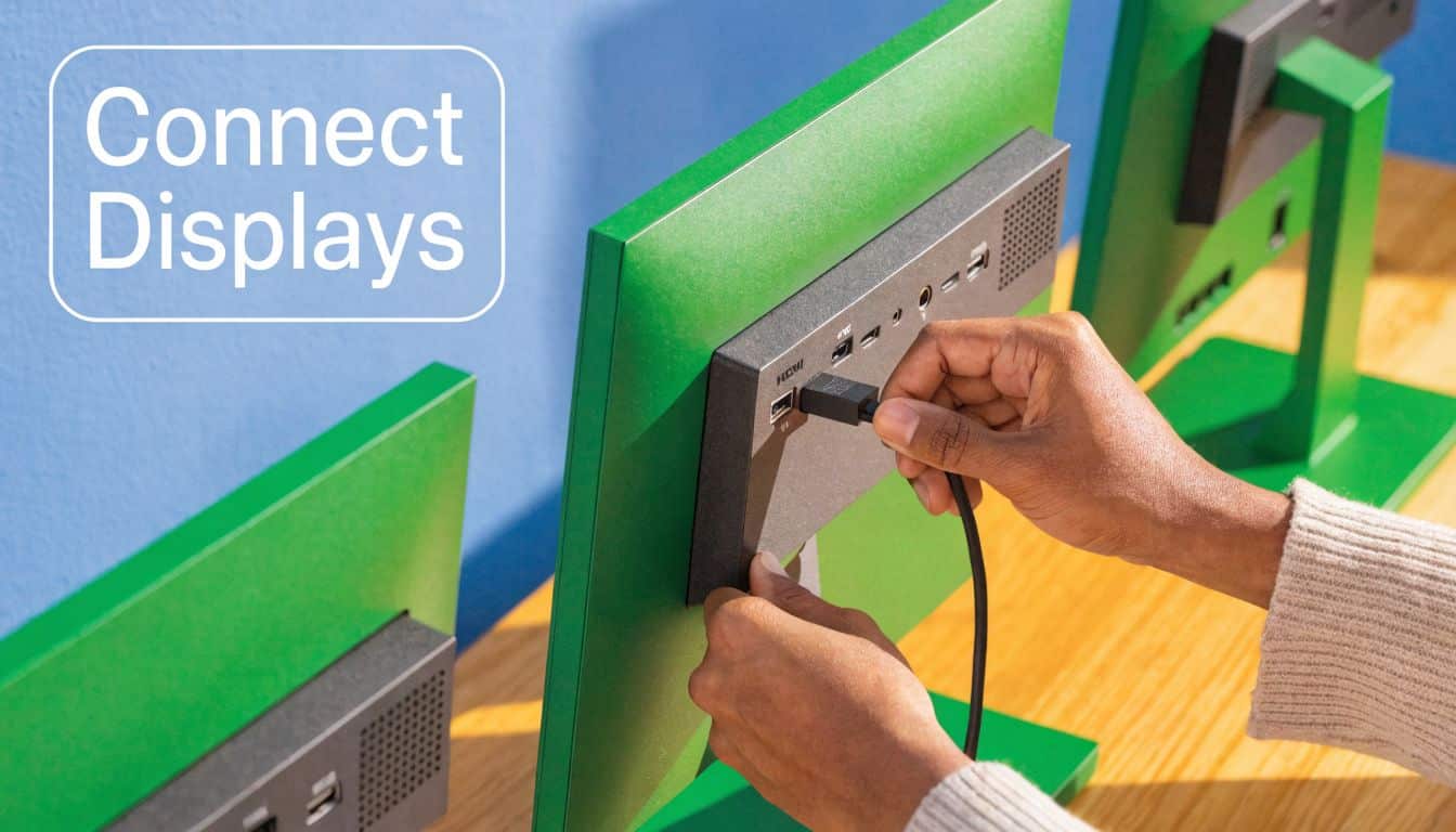 A person connecting a cable into the back of a green computer monitor on a wooden desk.