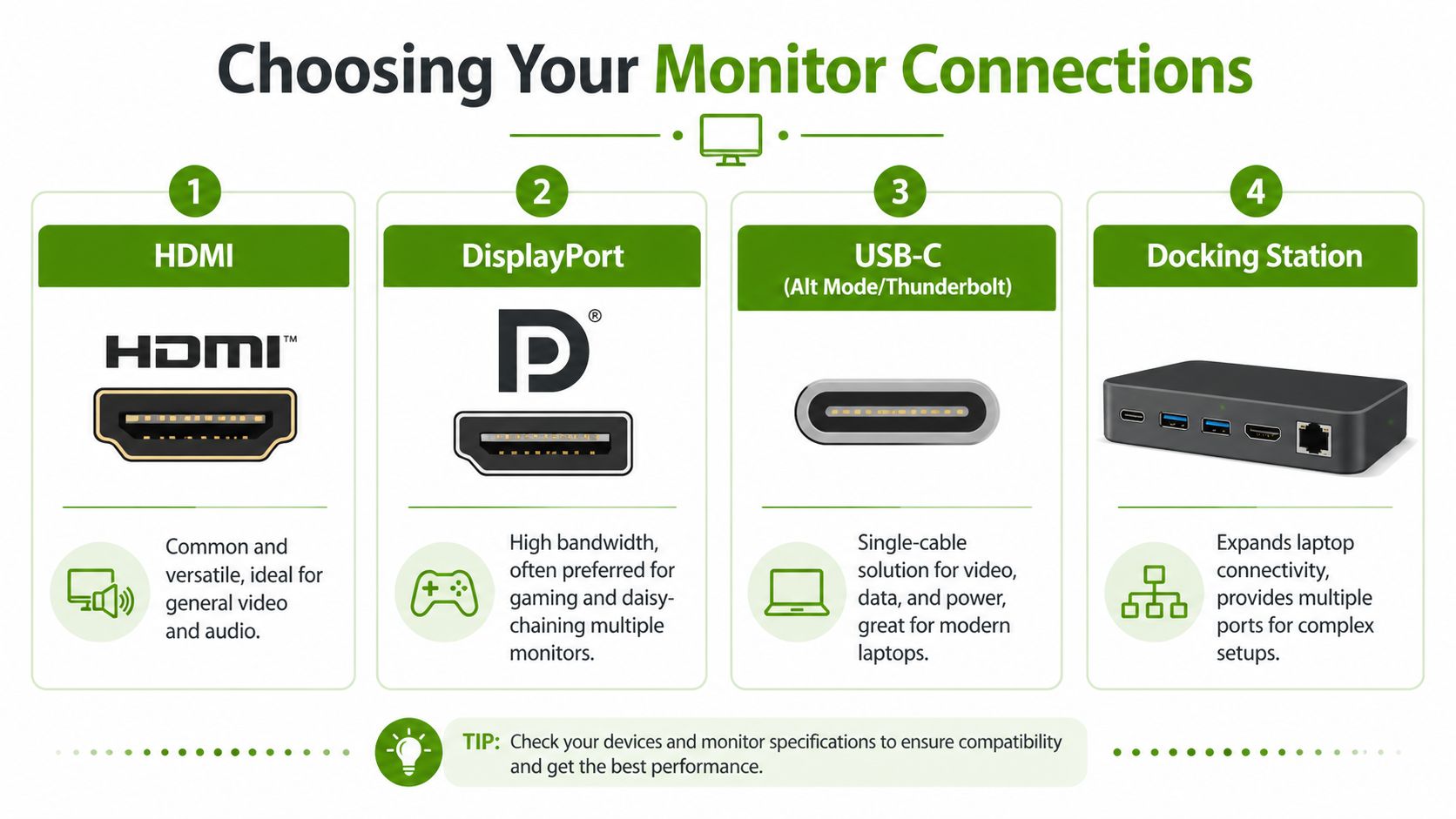 An infographic showing four common monitor connection types including HDMI, DisplayPort, USB-C, and docking stations.