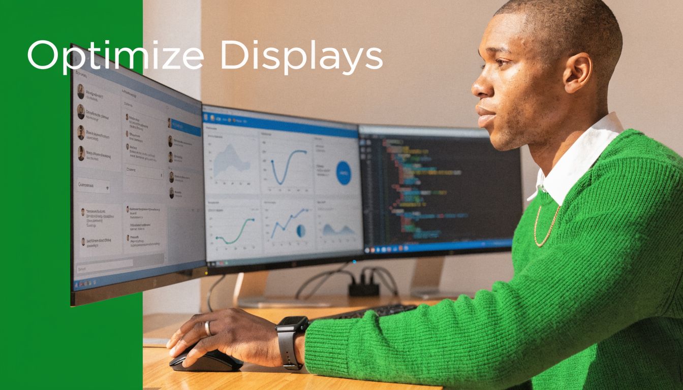A professional developer working on a multi-monitor setup while sitting at a clean wooden desk.