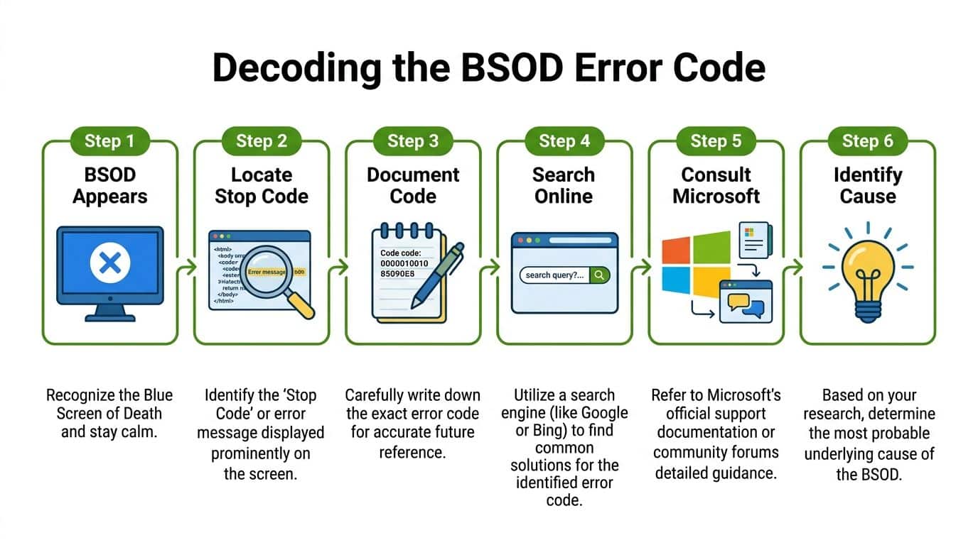 A six-step infographic guide explaining how to diagnose and decode a Blue Screen of Death error code.