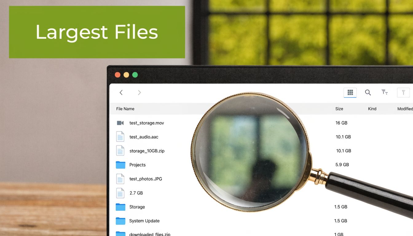 A magnifying glass inspecting a list of large files displayed on a computer screen for storage management.