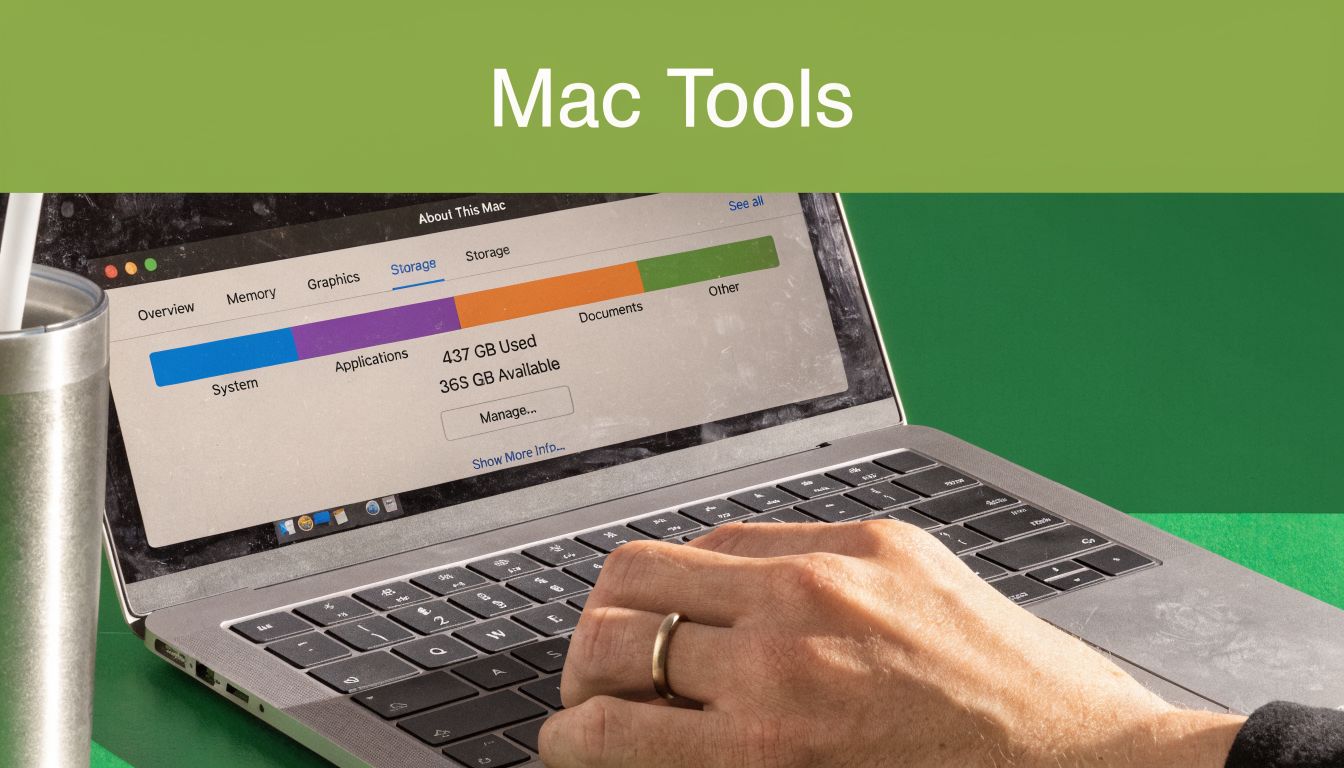 A close-up view of a person using a MacBook to check storage settings on the screen.