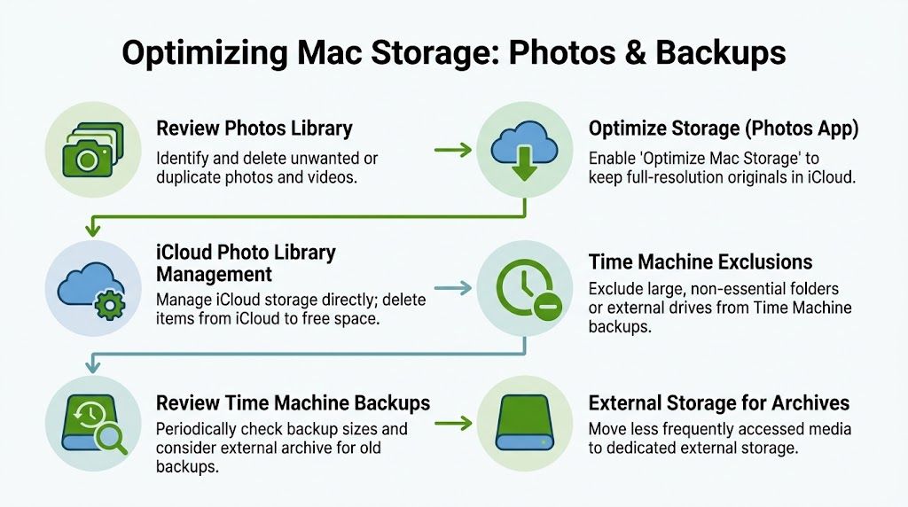 An infographic titled Optimizing Mac Storage illustrating steps to manage photos and Time Machine backups effectively.