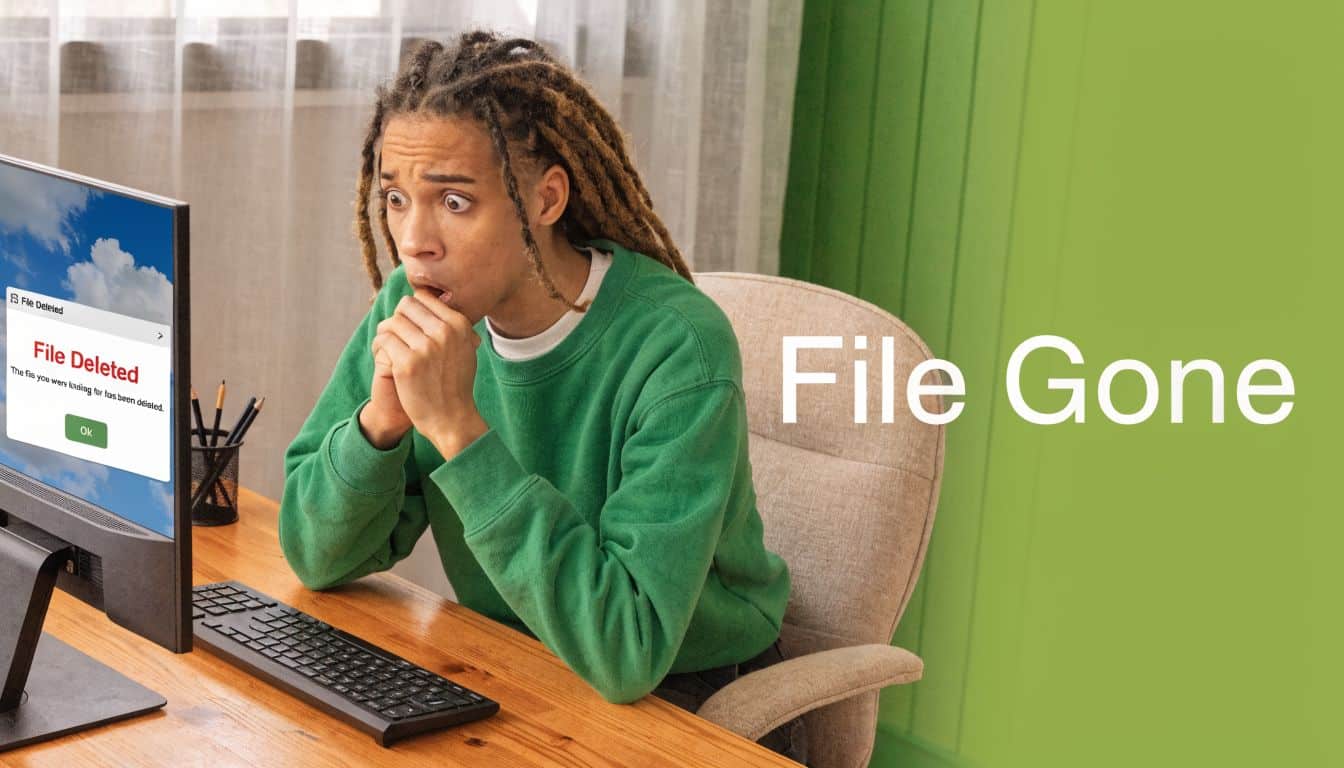 A person with dreadlocks sitting at a computer looking shocked at a file deletion error notification.