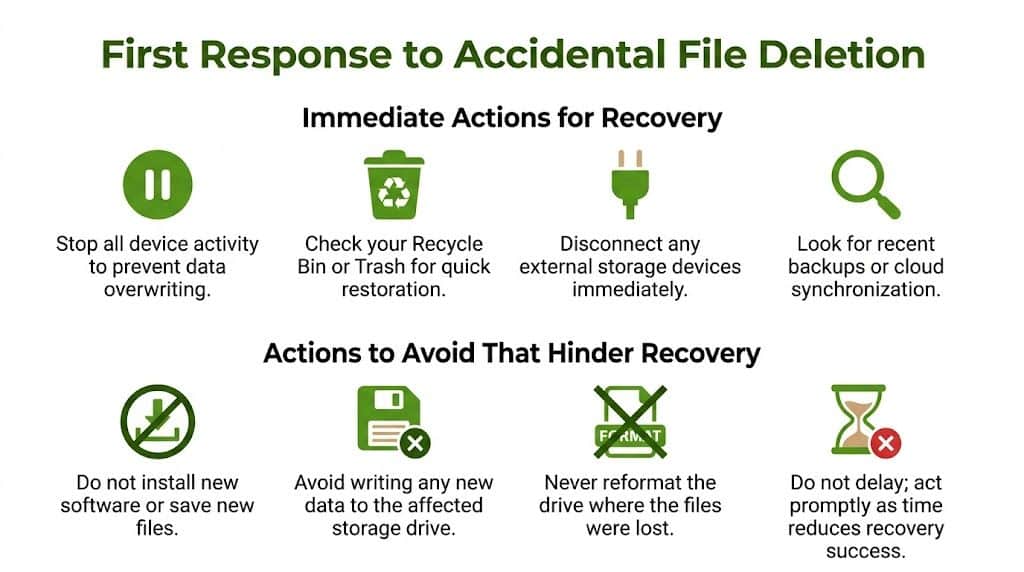 An infographic showing tips for recovering accidentally deleted files, including immediate actions to take and mistakes to avoid.