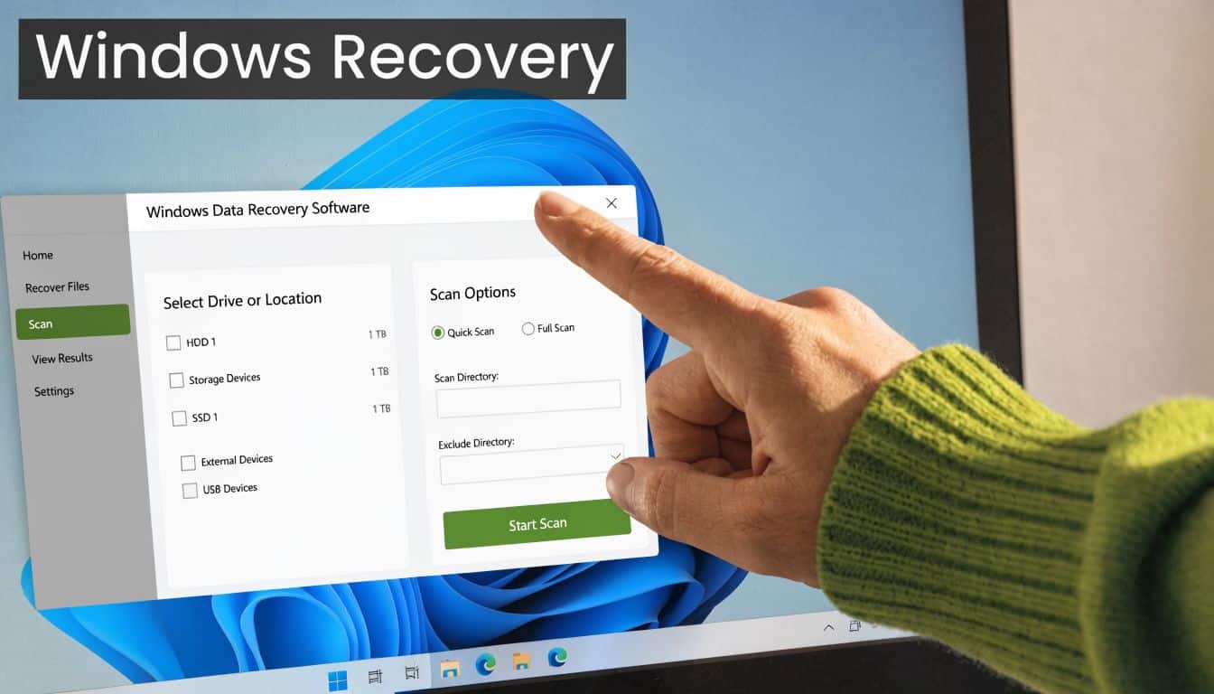 A hand using a finger to point at a Windows Data Recovery Software interface on a screen.