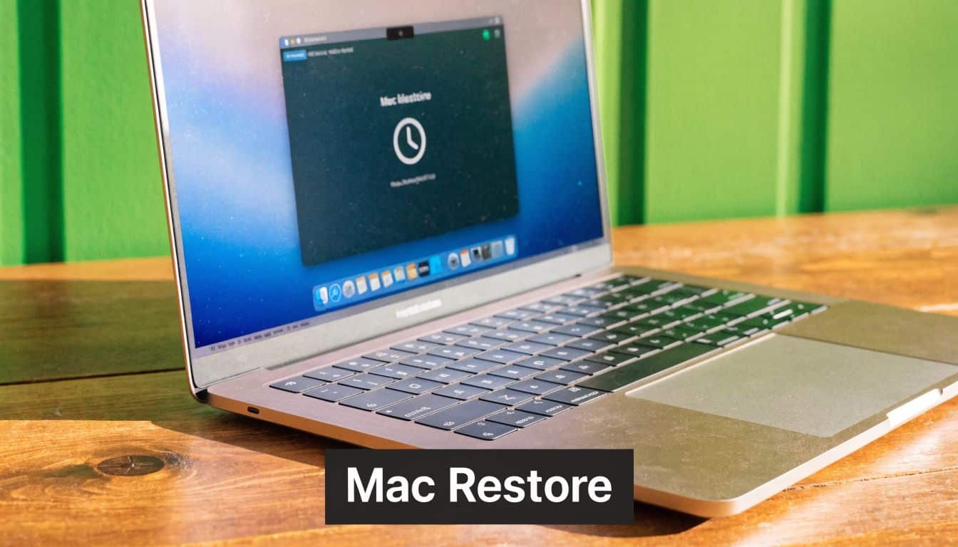 A silver MacBook Pro open on a wooden table displaying a Mac Restore screen for system recovery.