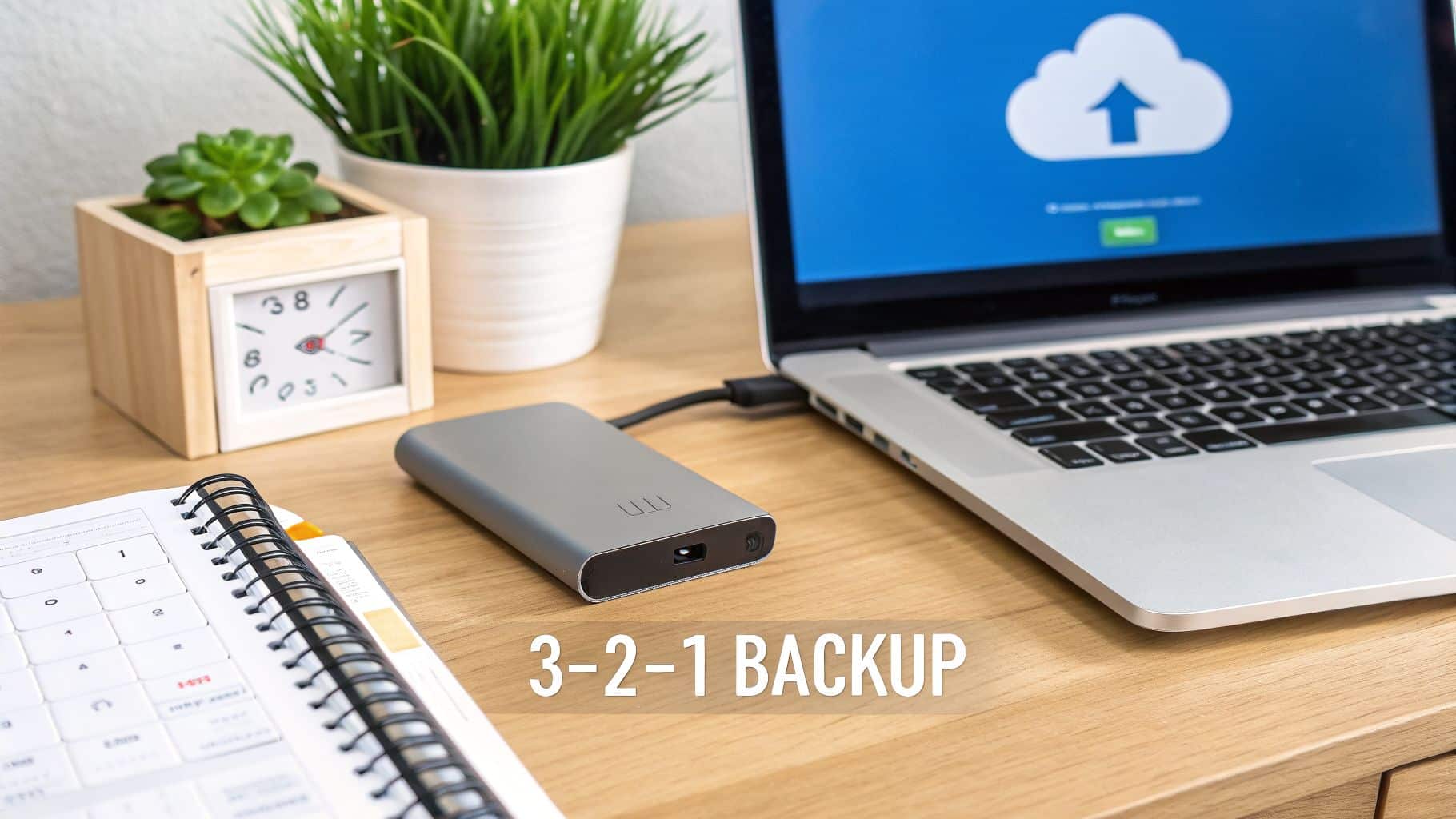 A laptop connected to an external hard drive, displaying a cloud icon, illustrating 3-2-1 data backup.