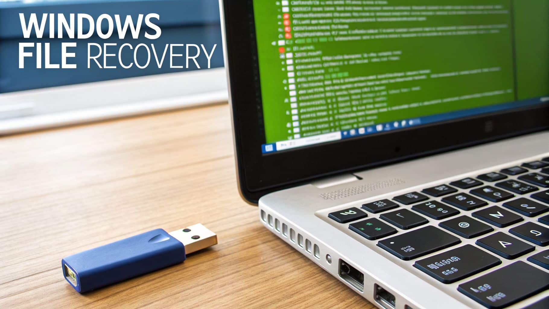 Laptop with green screen displaying file recovery progress, a blue USB drive, and 'WINDOWS FILE RECOVERY' text.