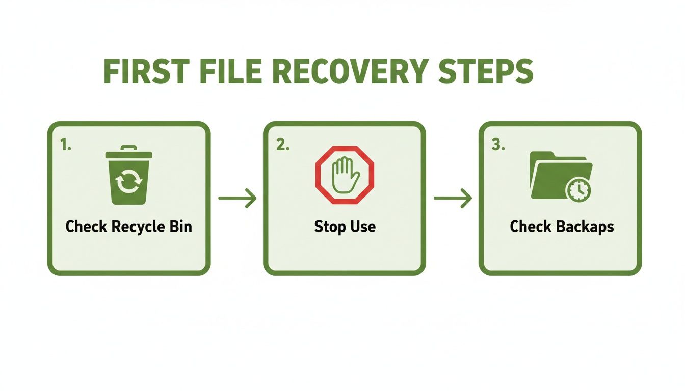 A flowchart detailing the first file recovery steps: Check Recycle Bin, Stop Use, and Check Backups.
