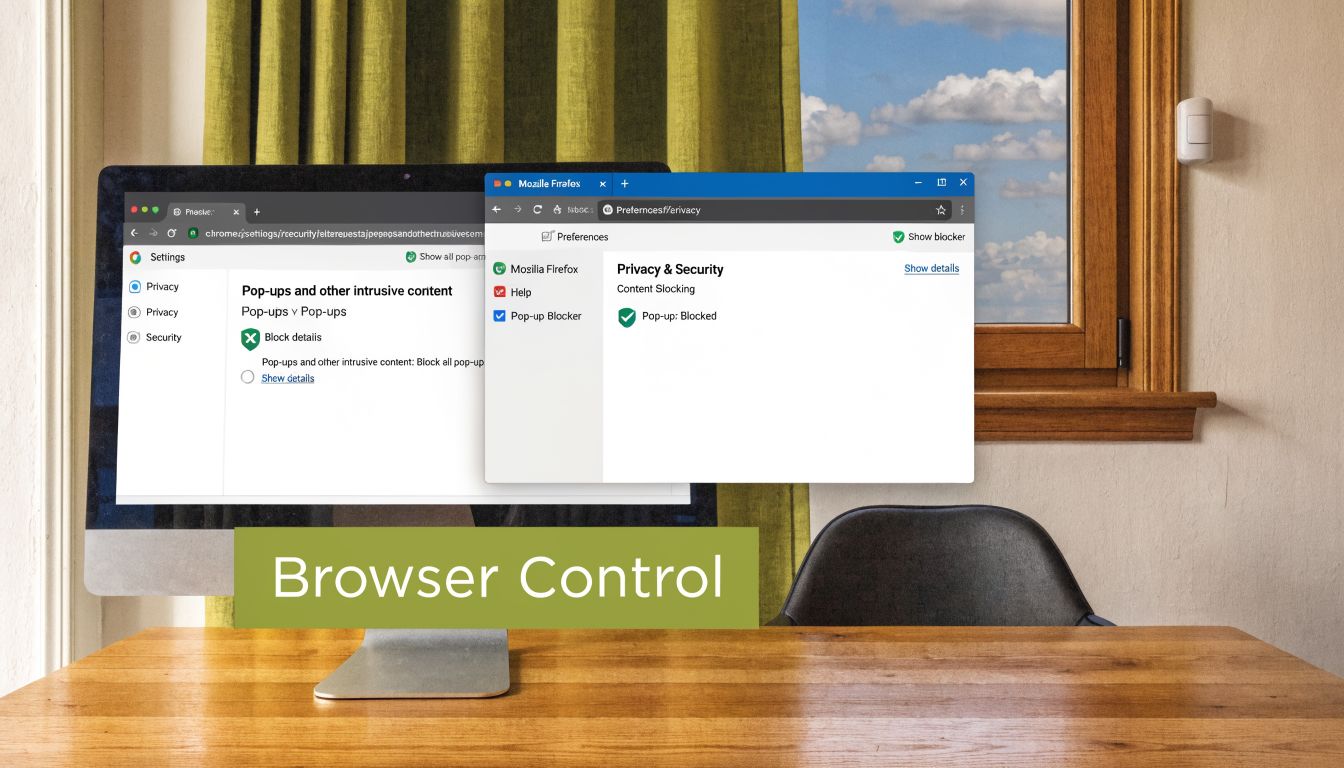 A computer screen displaying browser settings for managing pop-up blockers on a desk by a window.