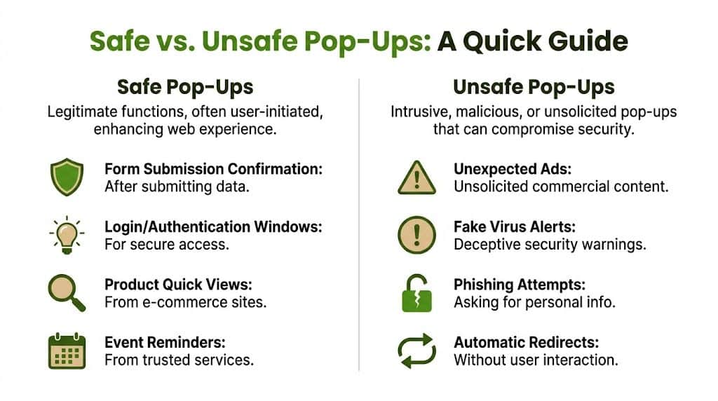 A quick guide comparing safe, user-initiated pop-ups to unsafe, malicious, or intrusive pop-up security threats.