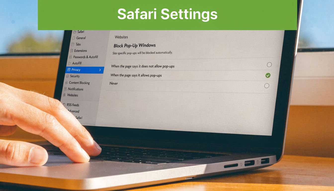 A close-up of a person using a MacBook to adjust Safari browser settings for pop-up windows.