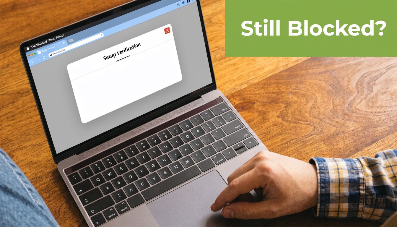 A person using a laptop with a blank Setup Verification pop-up window displayed on the screen.