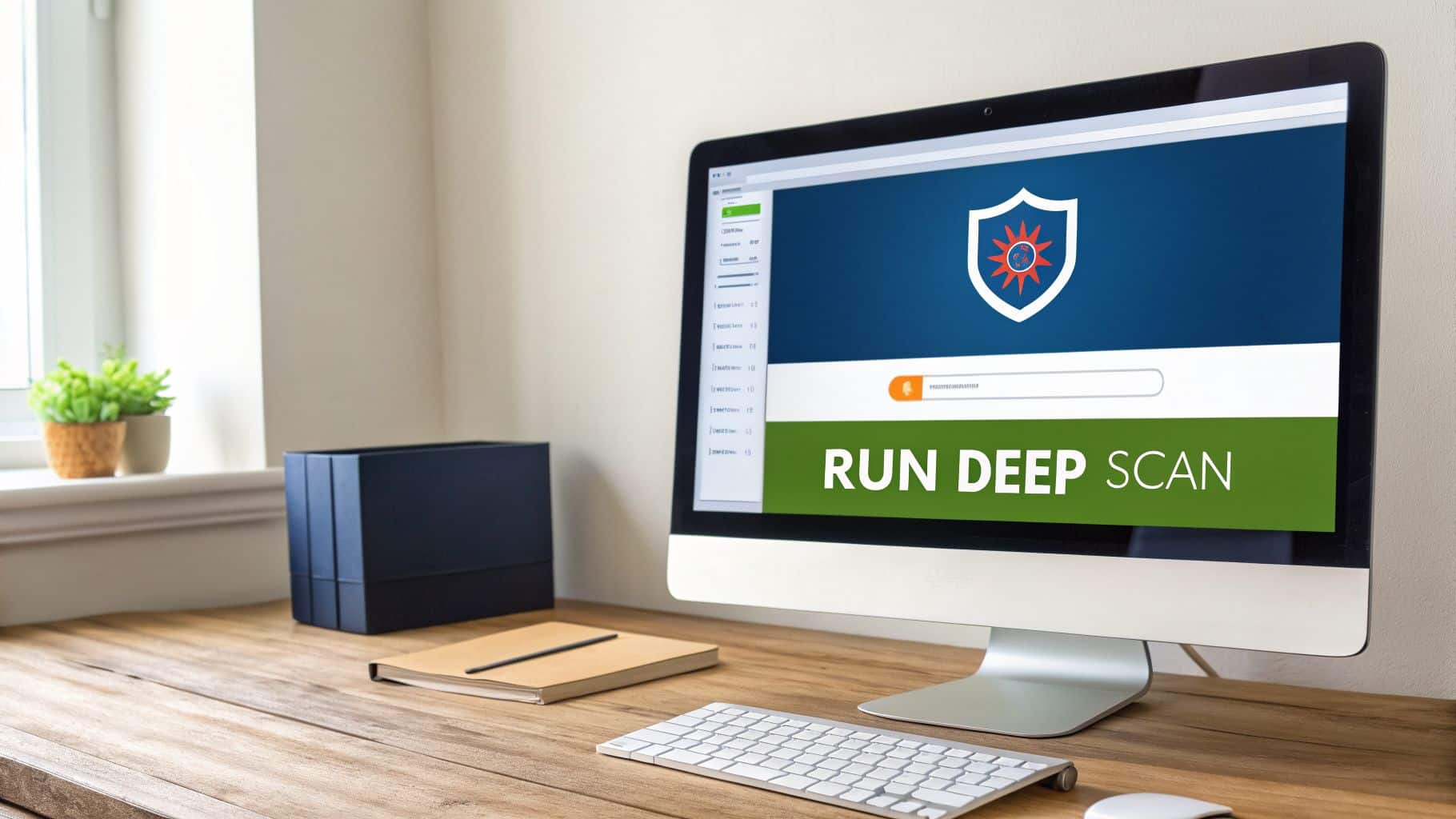 A computer screen displays an antivirus program with a shield icon and a 'RUN DEEP SCAN' button.