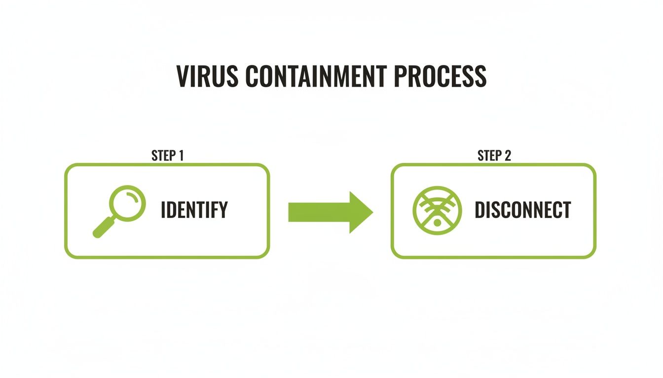 Diagram illustrating a two-step virus containment process: identify the threat, then disconnect from network.