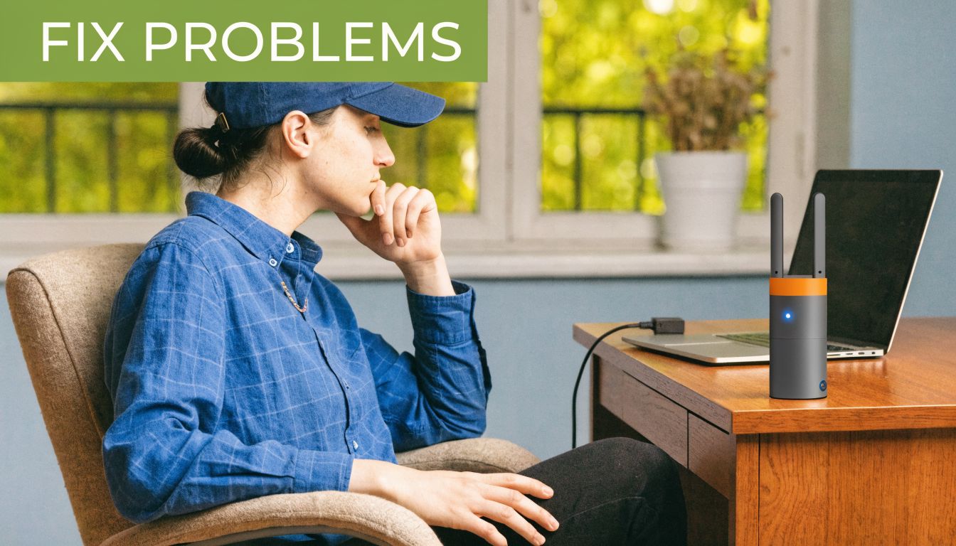 A person sitting at a desk appearing to be troubleshooting a home wifi extender device.