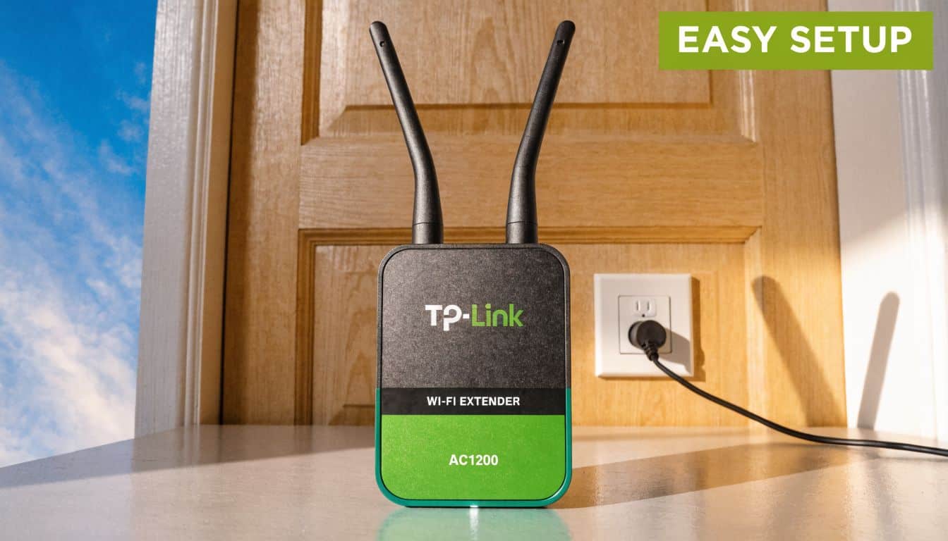 A TP-Link AC1200 Wi-Fi extender sitting on a white surface in front of a wooden door.