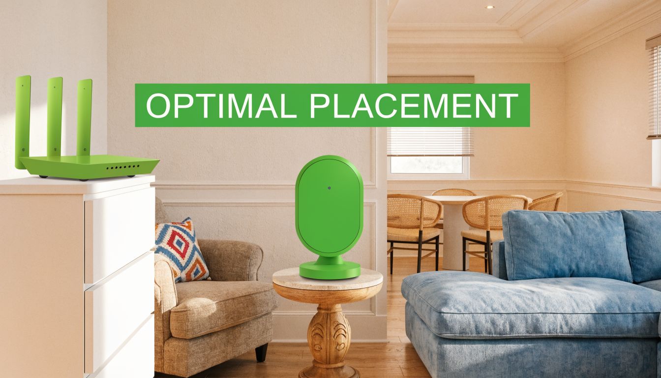 A bright green router and wifi extender are placed strategically in a cozy living room setup.