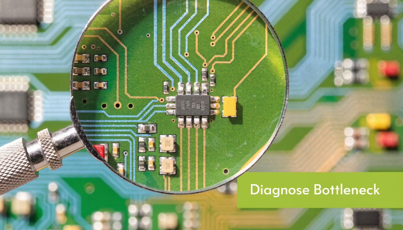 A magnifying glass inspecting an electronic circuit board, highlighting technical troubleshooting and diagnostic process concepts.