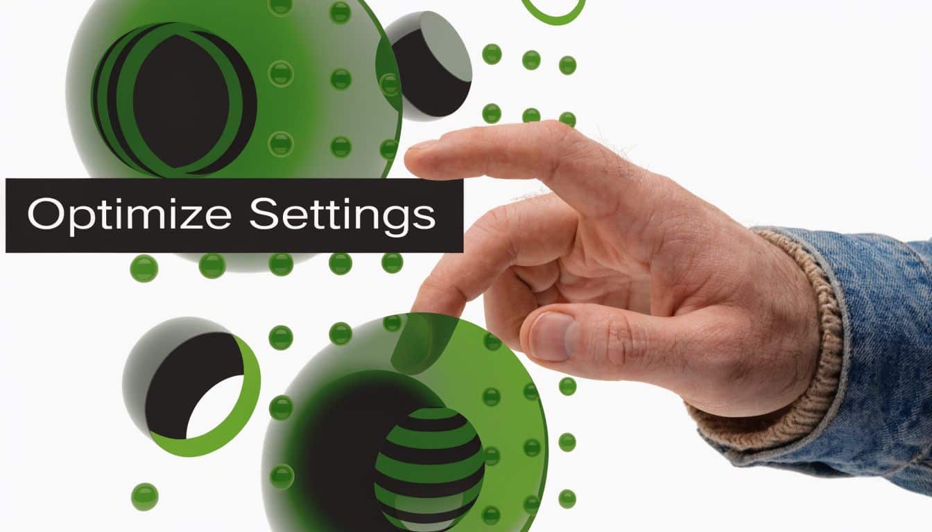 A hand interacting with a digital interface featuring the words Optimize Settings among abstract green spheres.