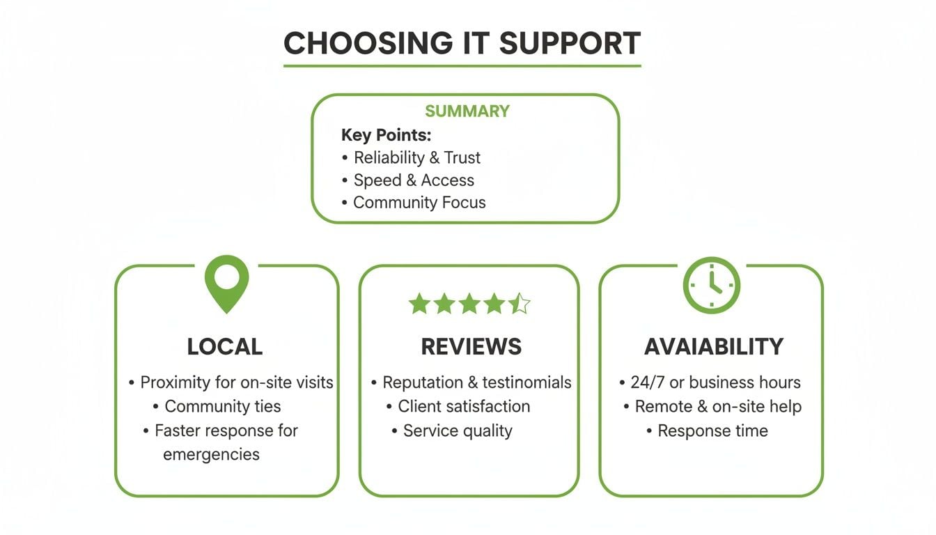 An infographic outlining key considerations for choosing IT support, including reliability, local presence, reviews, and availability.