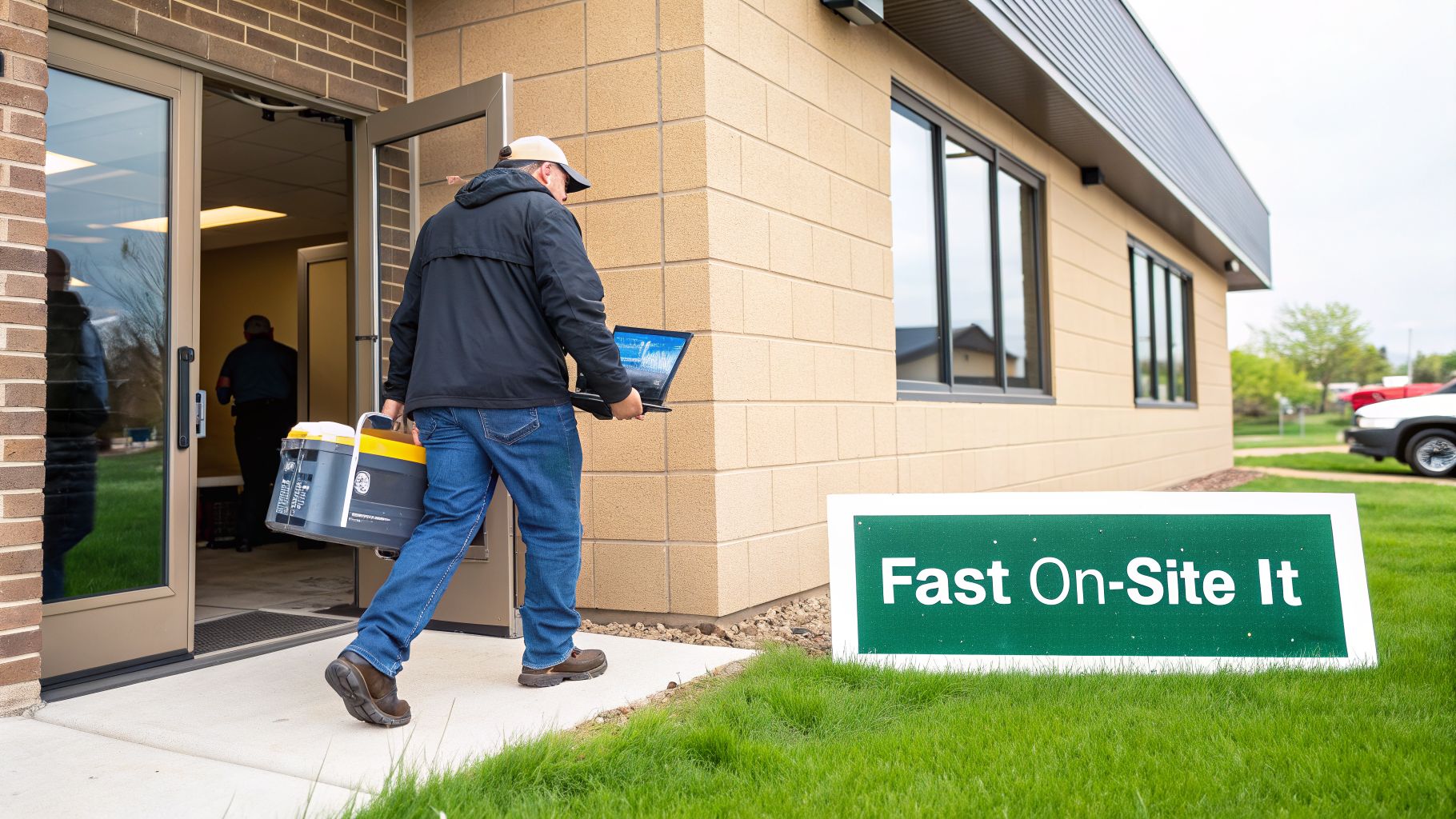 An IT technician carrying a laptop and toolbox enters a building, providing fast on-site support.