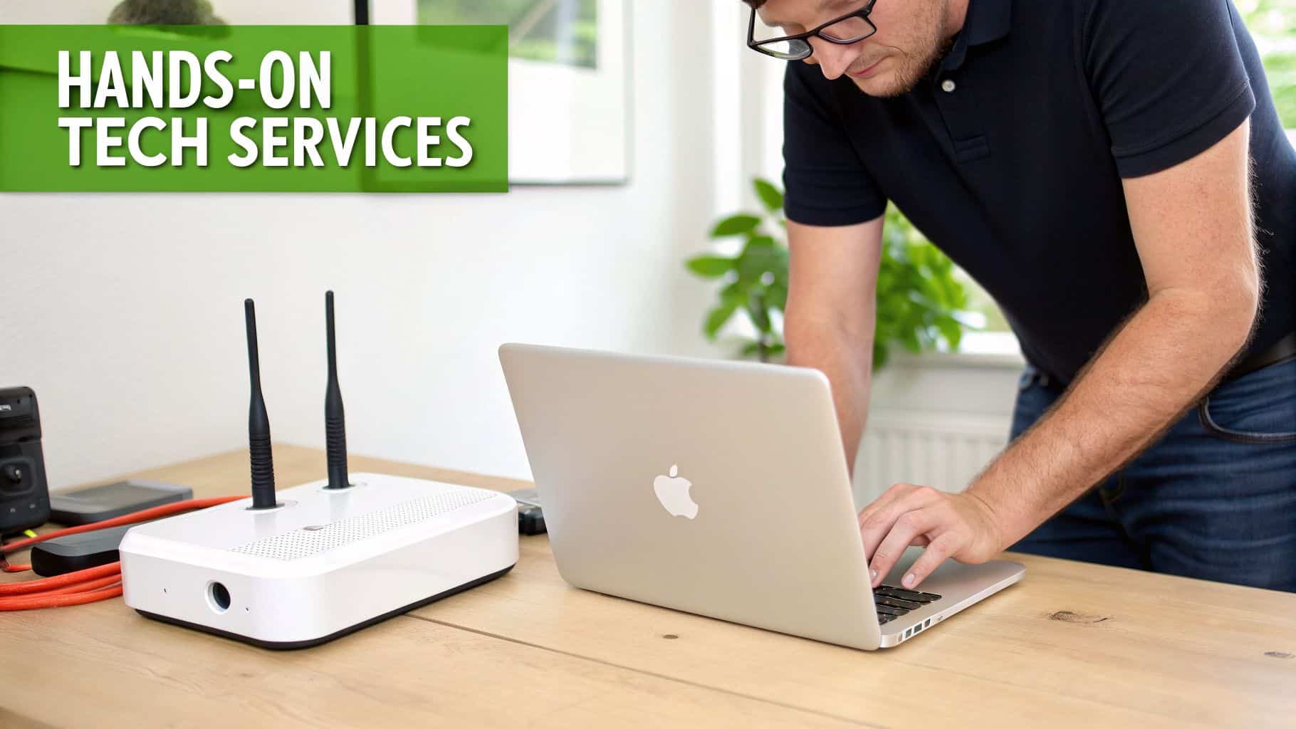 A man in glasses works on a laptop with a wireless router nearby, providing tech support services.