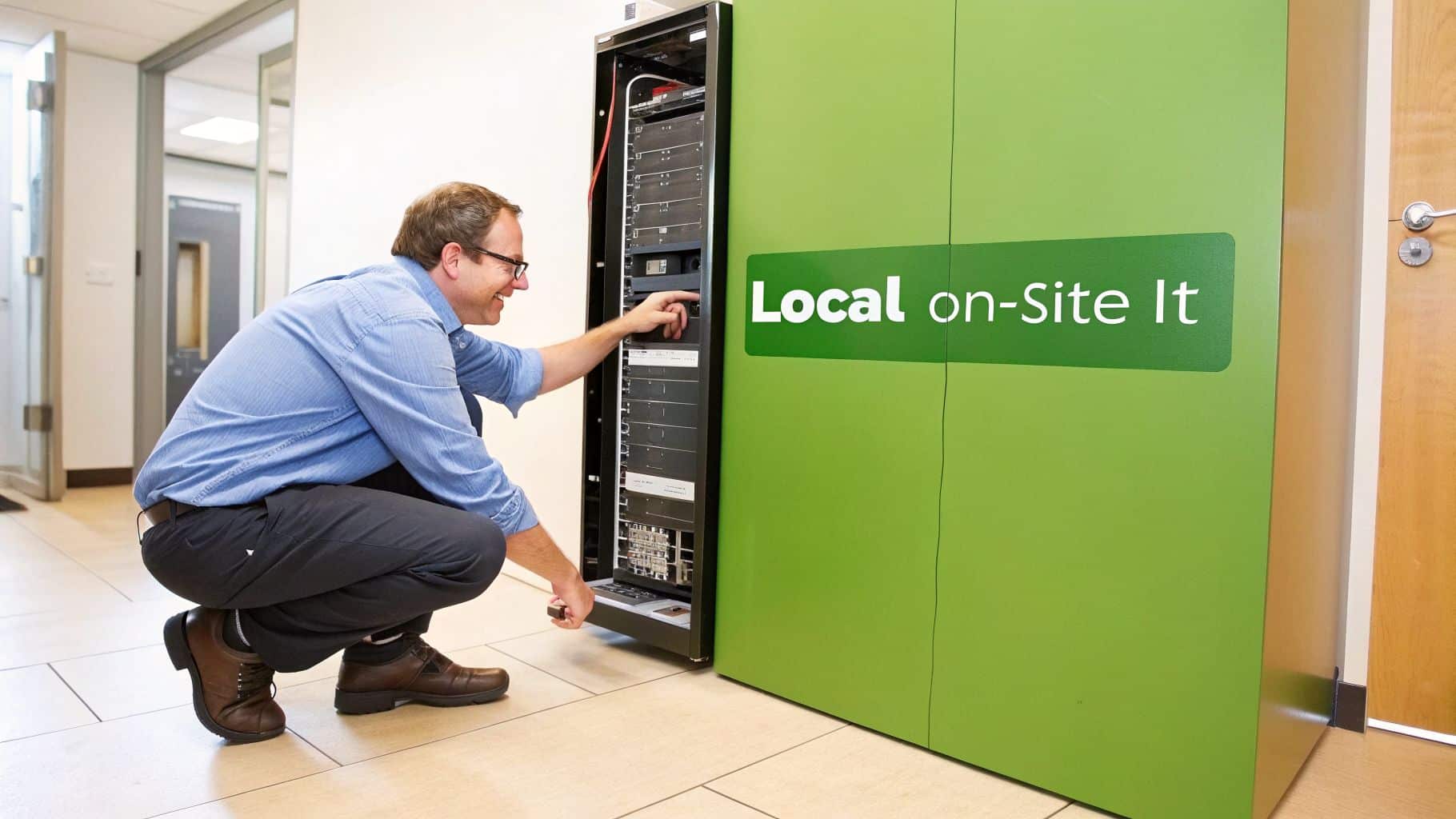 A smiling IT technician crouches, working on a server rack with "Local on-Site It" branding.