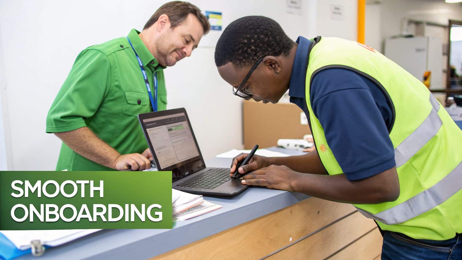 Two men, one in a green shirt and one in a high-vis vest, sign documents on a laptop, symbolizing smooth onboarding.