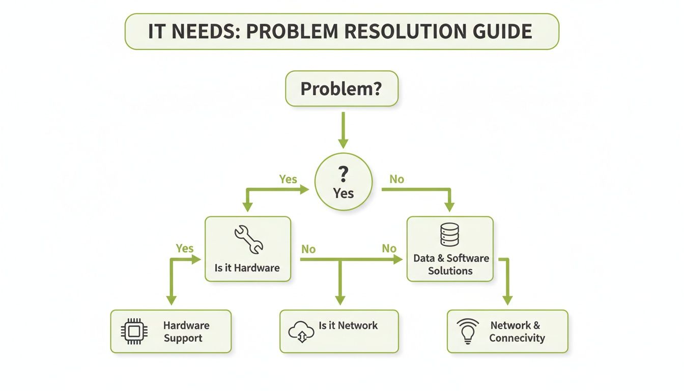 Flowchart guide for IT problem resolution, helping identify hardware, network, or data and software issues.