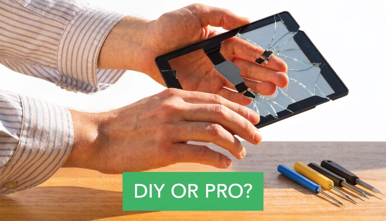 A person holding a shattered tablet screen with repair tools laid out on a wooden table.