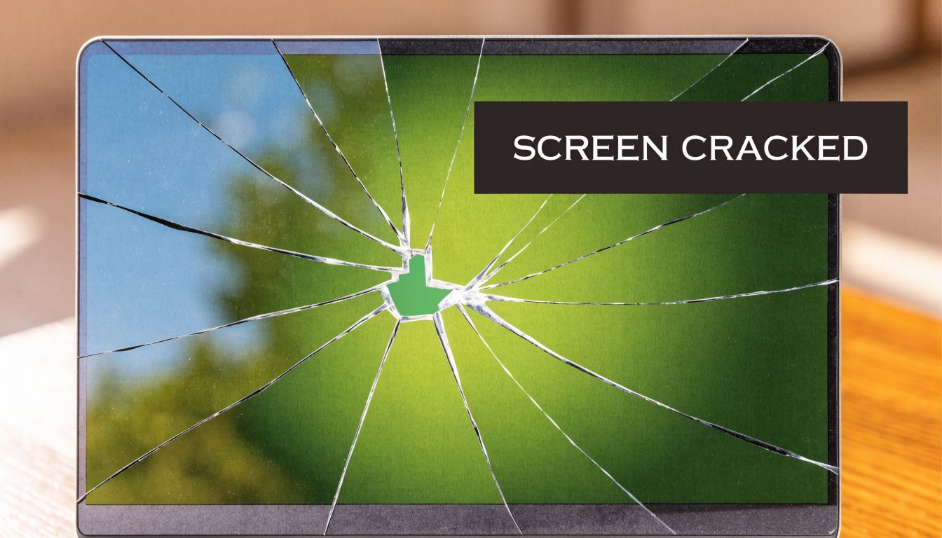 A close-up view of a laptop screen with spiderweb-like cracks spreading across the digital display surface.