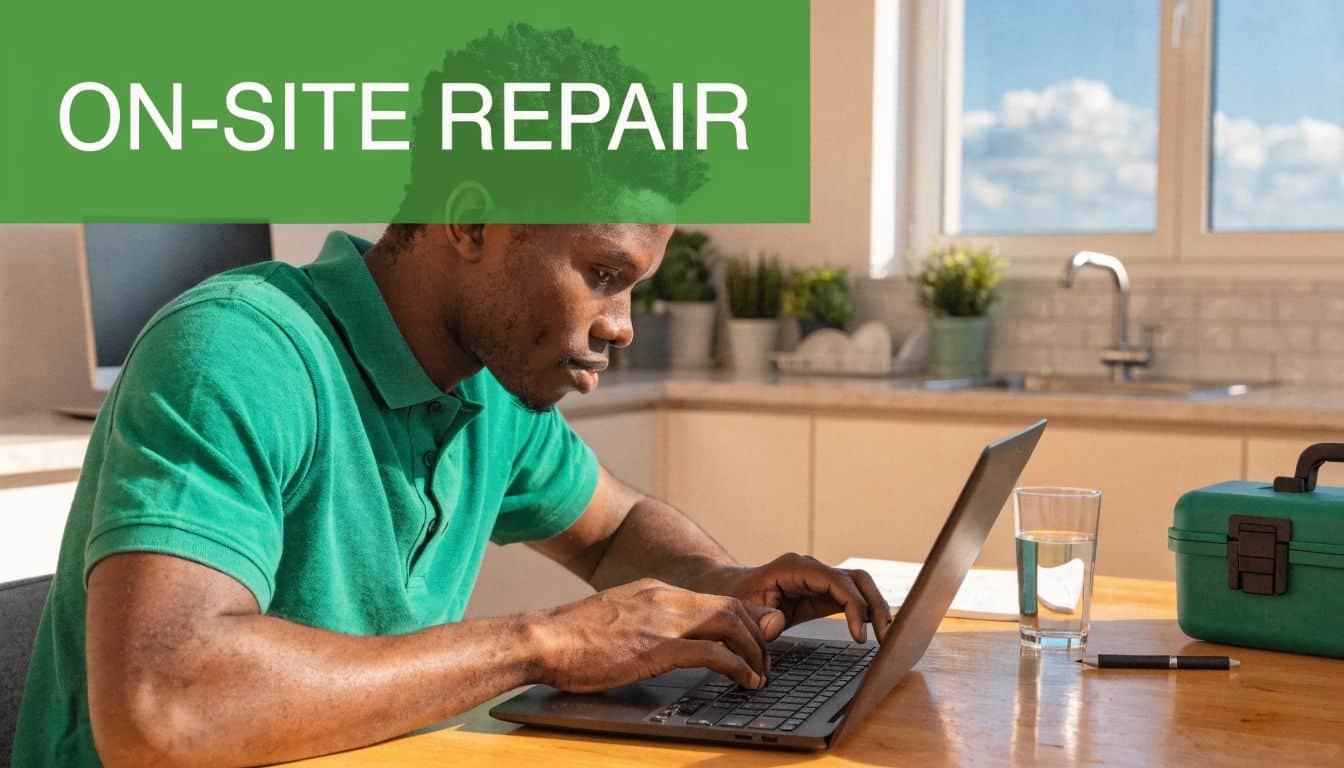 A professional technician wearing a green shirt works on his laptop in a bright home office kitchen.