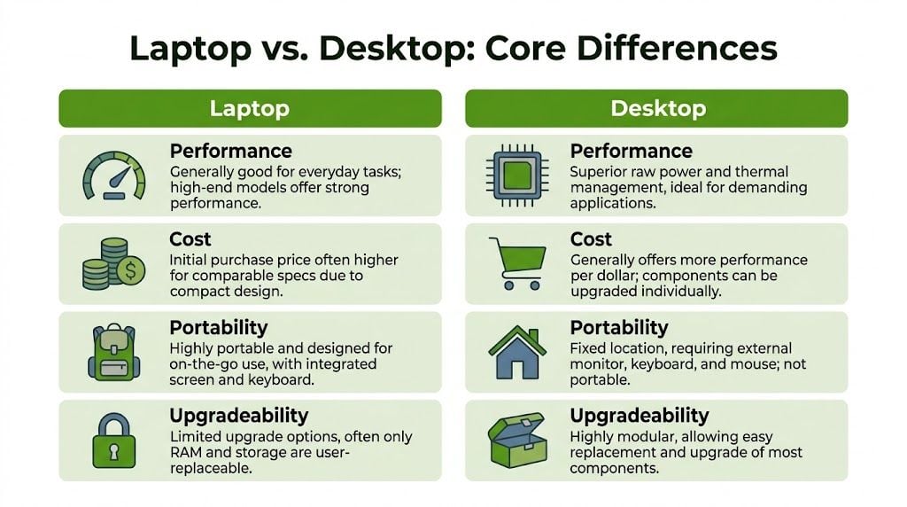 A comparison chart outlining the key differences between laptop and desktop computers regarding performance, cost, portability, and upgradeability.