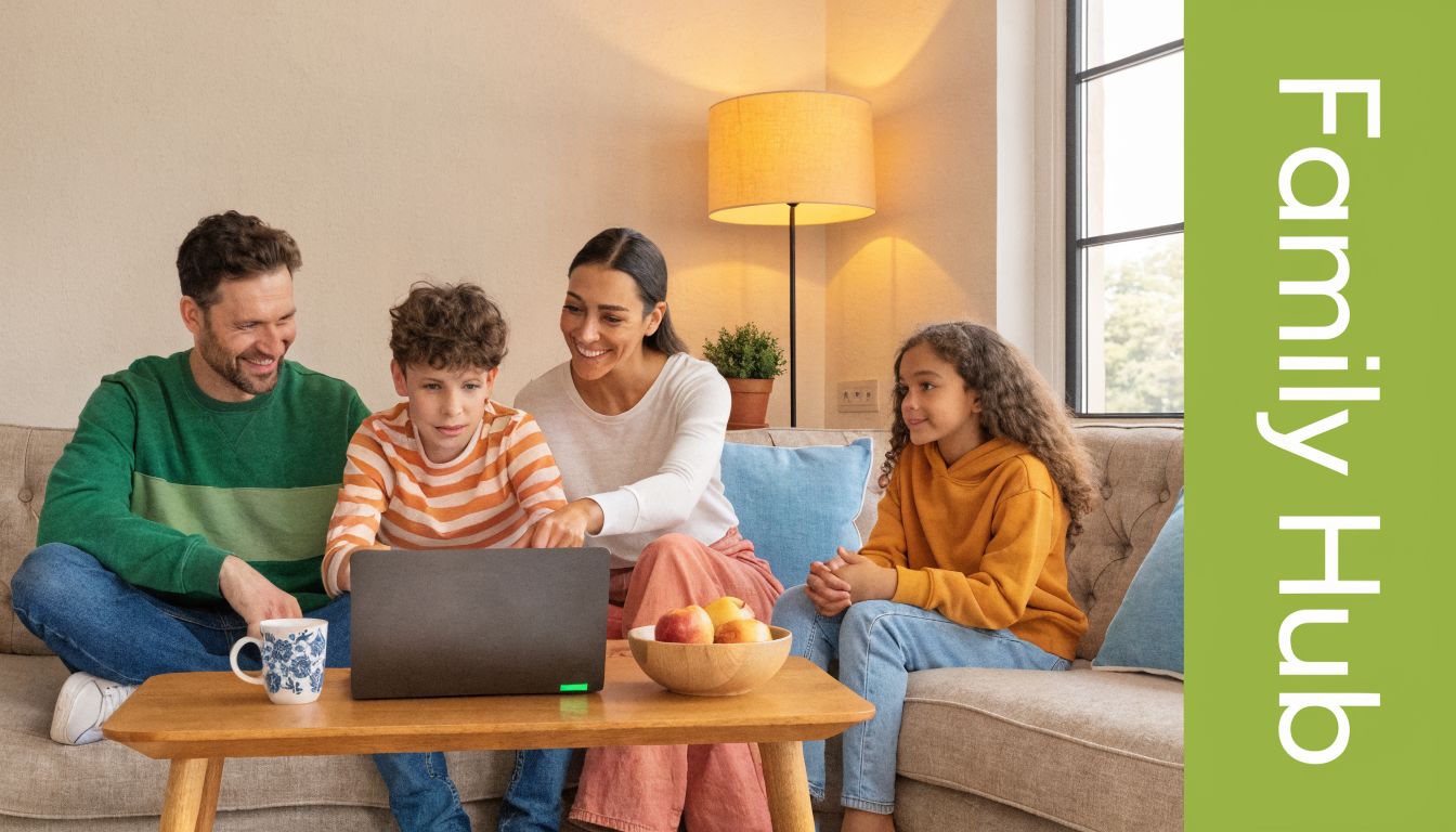 A happy family of four sitting on a sofa and using a laptop together in their living room.