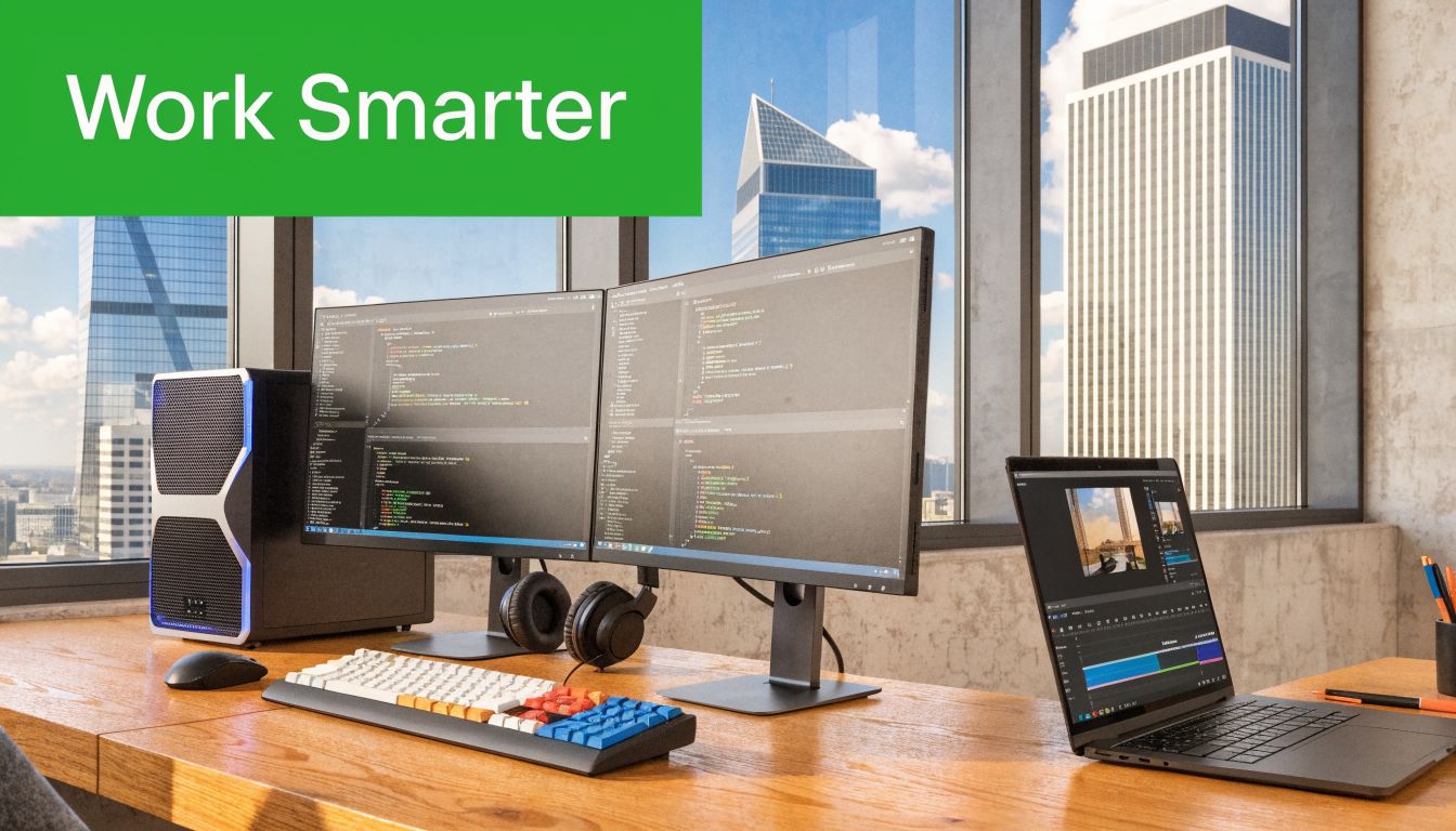 A modern workspace featuring a desktop computer with dual monitors and a laptop on a wooden desk.