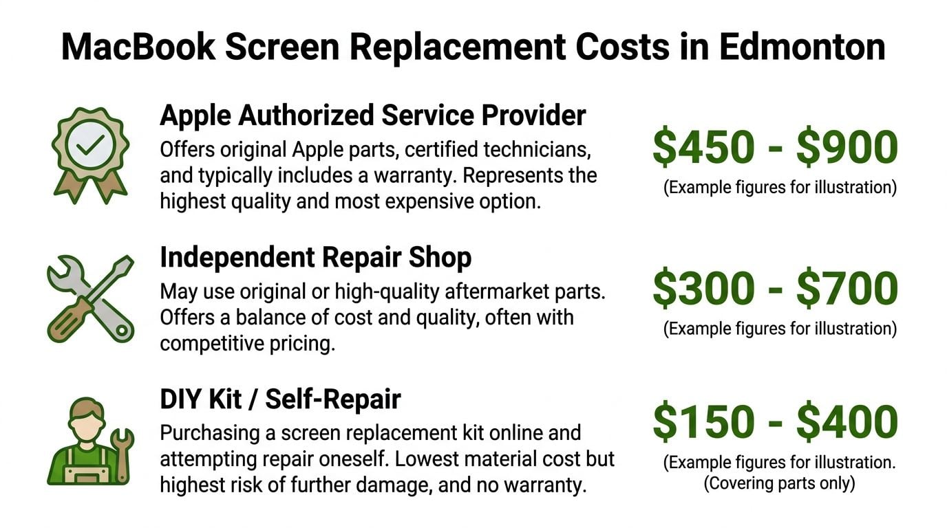 A comparison chart showing MacBook screen replacement costs in Edmonton for Apple service, independent shops, and DIY.